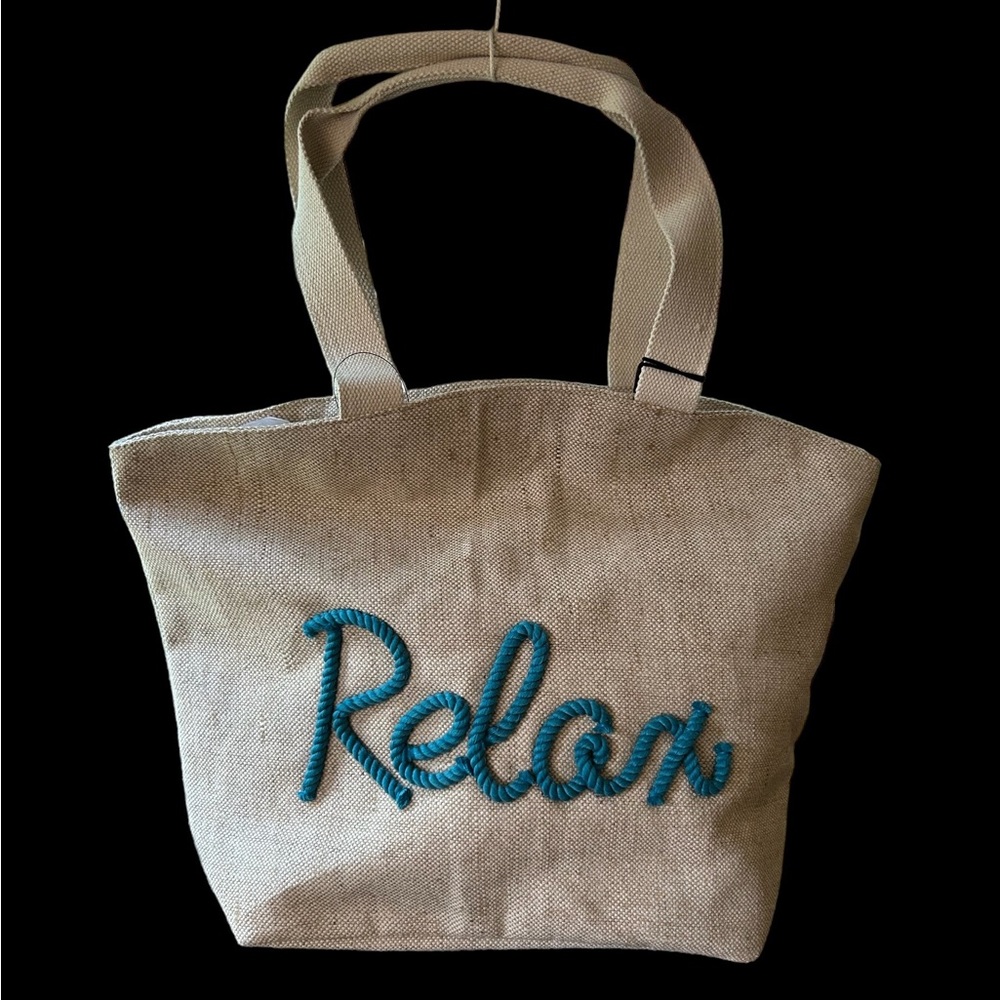 NWT large beach tote with “Relax” embroidery detail